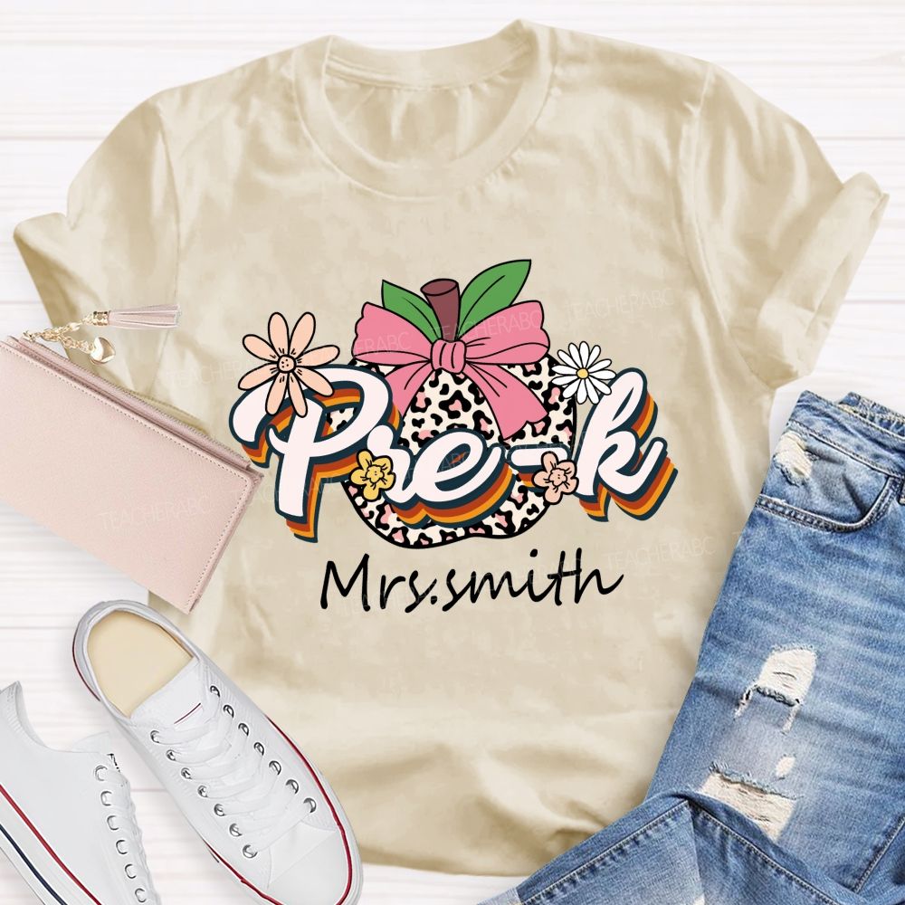 Personalized Name Leopard Apple Pre-k School Teacher T-shirt