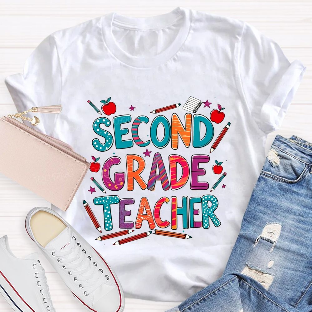 Personalized Grade Teacher Colorful Pencil Apple Teacher T-shirt