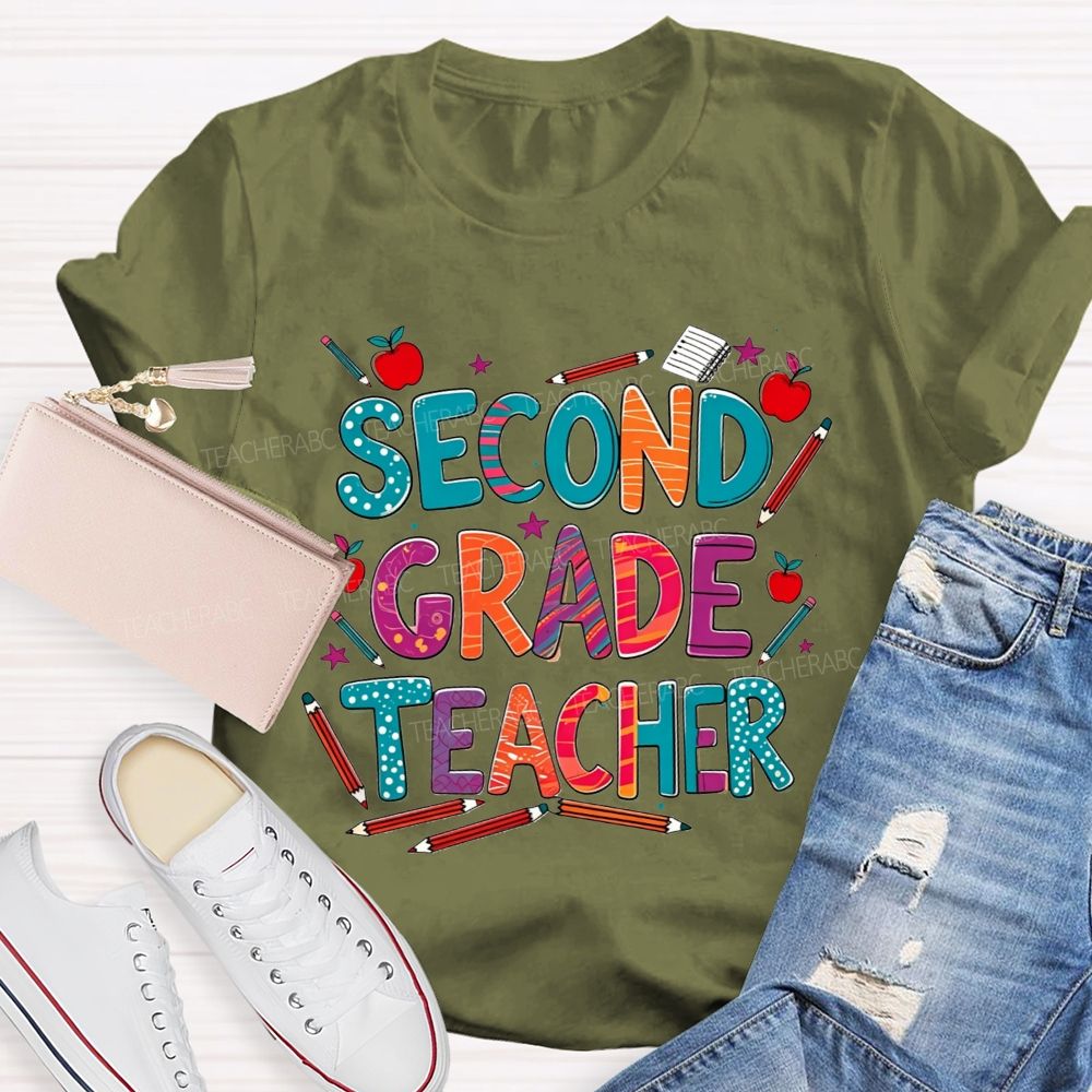 Personalized Grade Teacher Colorful Pencil Apple Teacher T-shirt