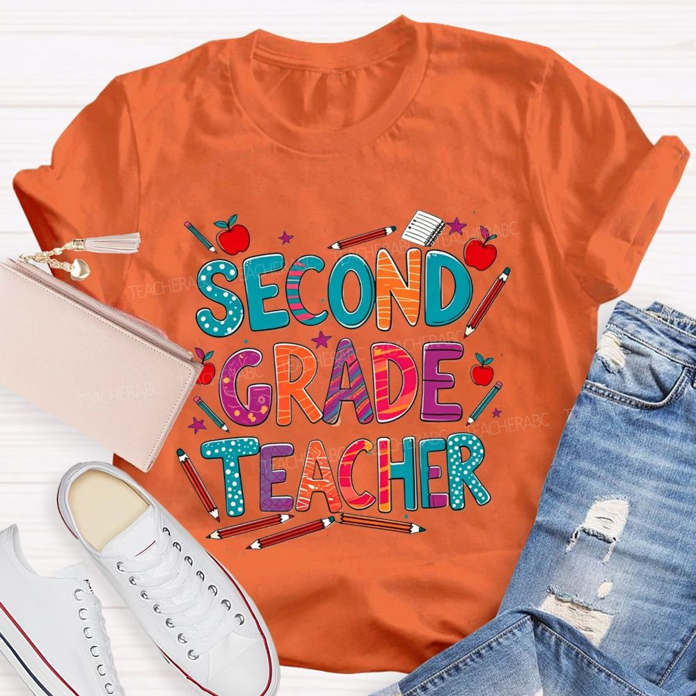 Personalized Grade Teacher Colorful Pencil Apple Teacher T-shirt