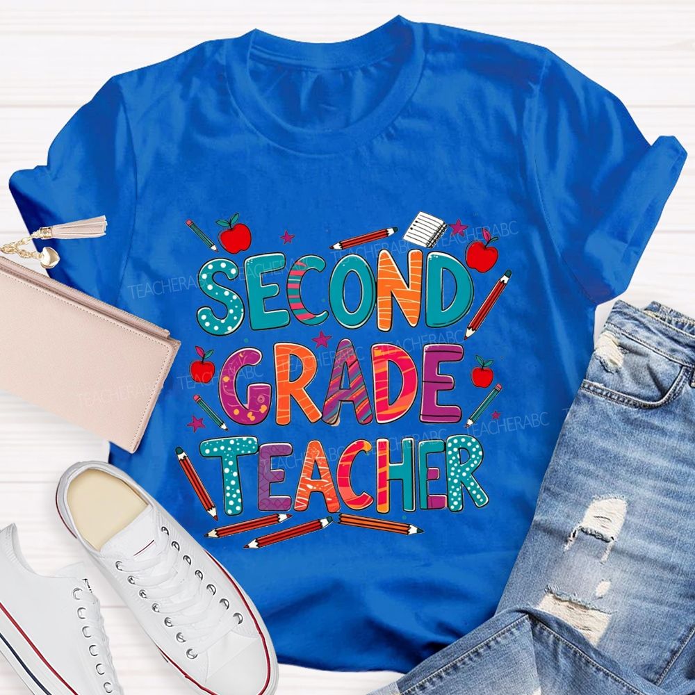 Personalized Grade Teacher Colorful Pencil Apple Teacher T-shirt