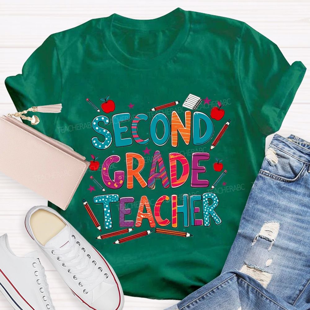 Personalized Grade Teacher Colorful Pencil Apple Teacher T-shirt
