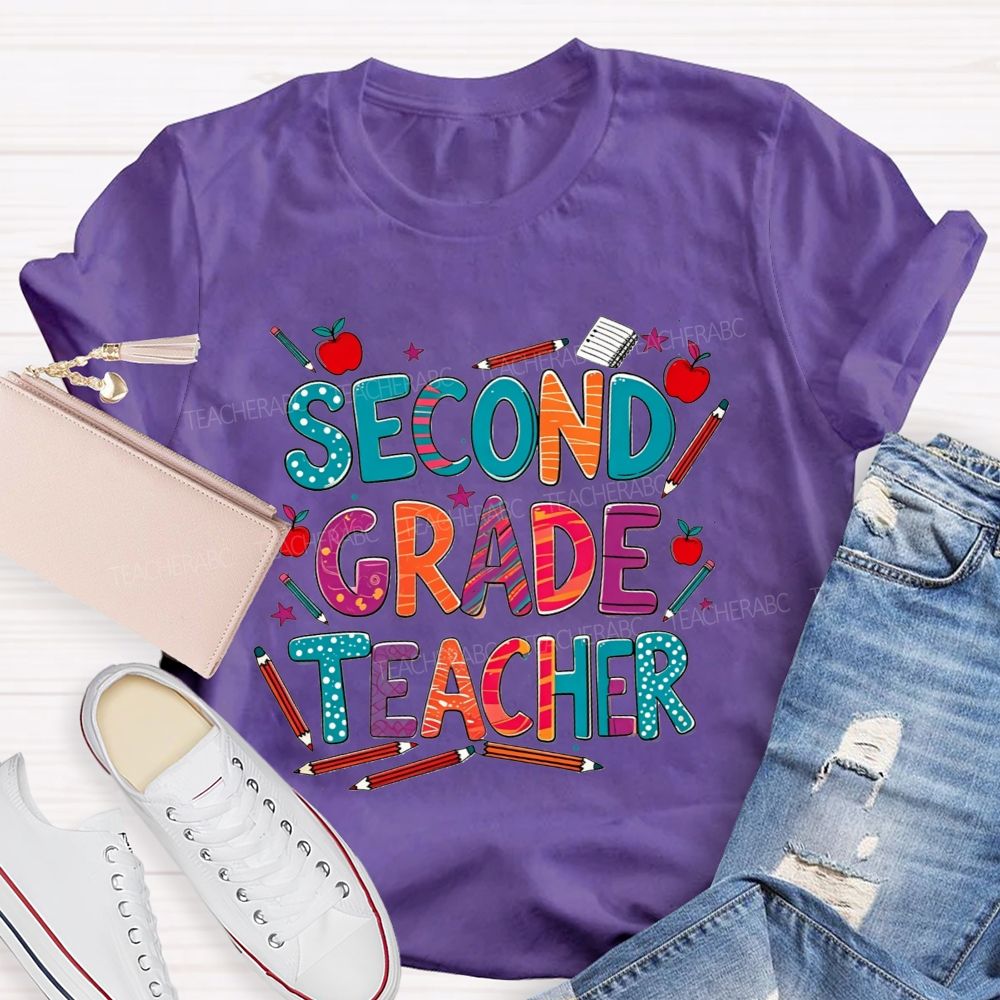 Personalized Grade Teacher Colorful Pencil Apple Teacher T-shirt