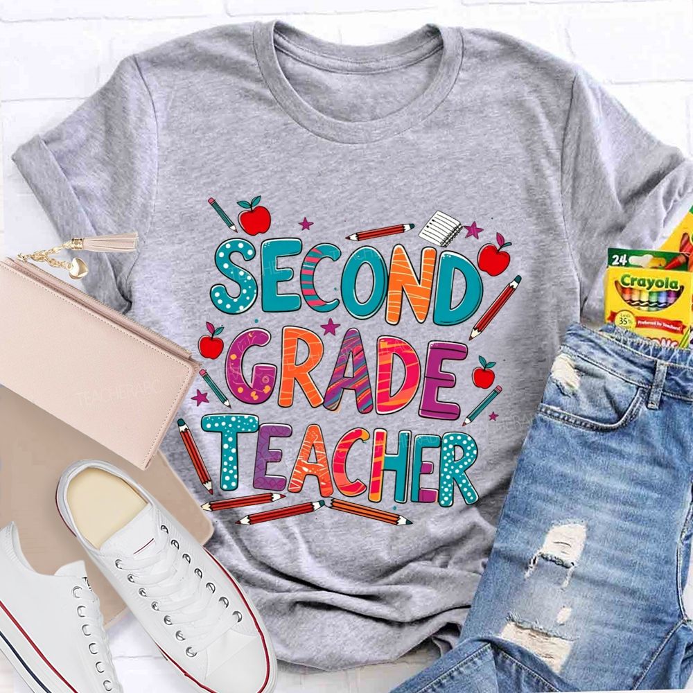 Personalized Grade Teacher Colorful Pencil Apple Teacher T-shirt