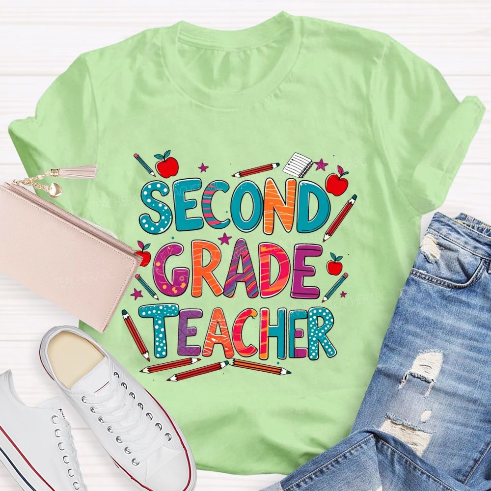 Personalized Grade Teacher Colorful Pencil Apple Teacher T-shirt