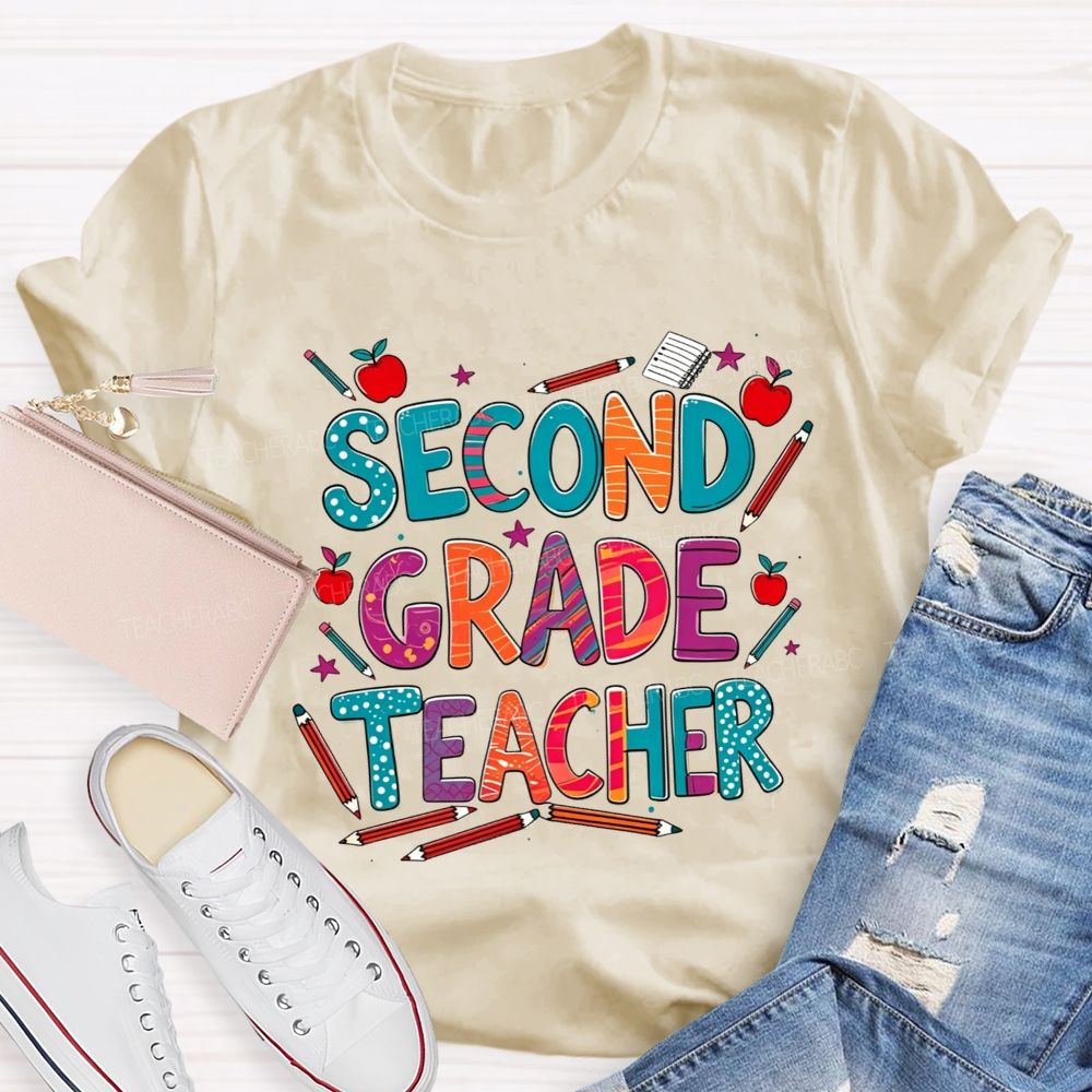 Personalized Grade Teacher Colorful Pencil Apple Teacher T-shirt