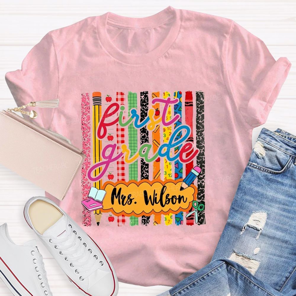 Personalized Name And Grade Proud First Grade Crew T-shirt