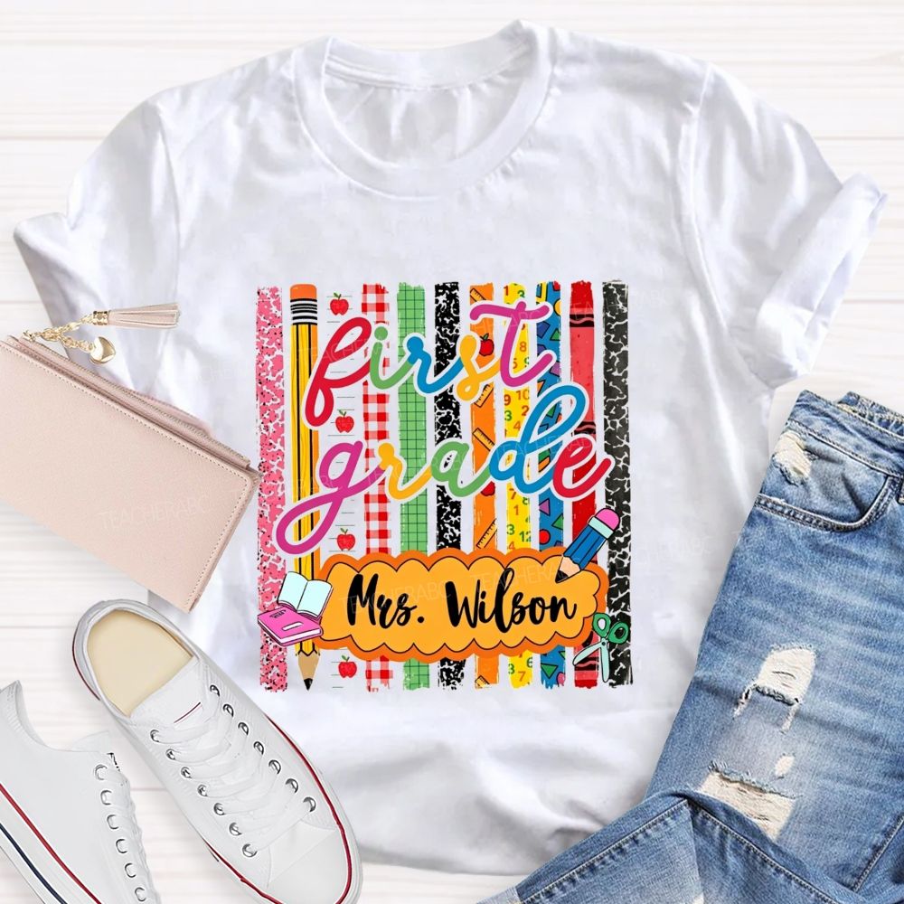 Personalized Name And Grade Proud First Grade Crew T-shirt