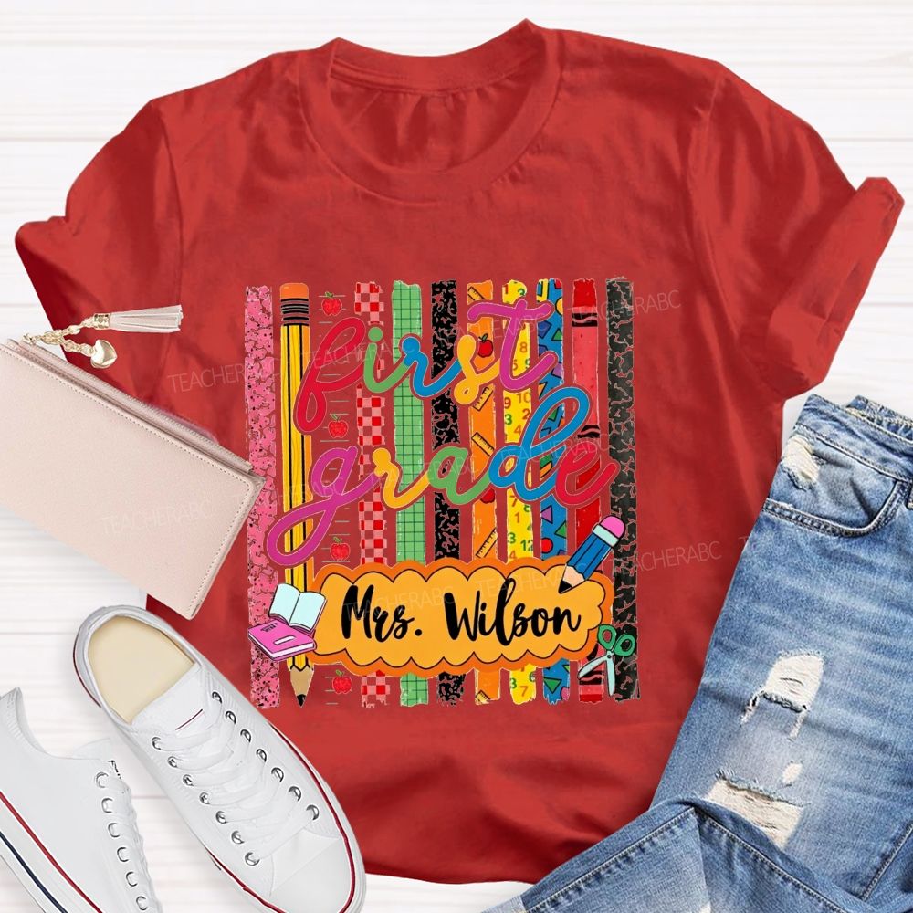 Personalized Name And Grade Proud First Grade Crew T-shirt