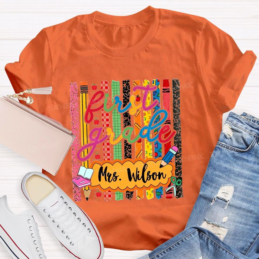 Personalized Name And Grade Proud First Grade Crew T-shirt