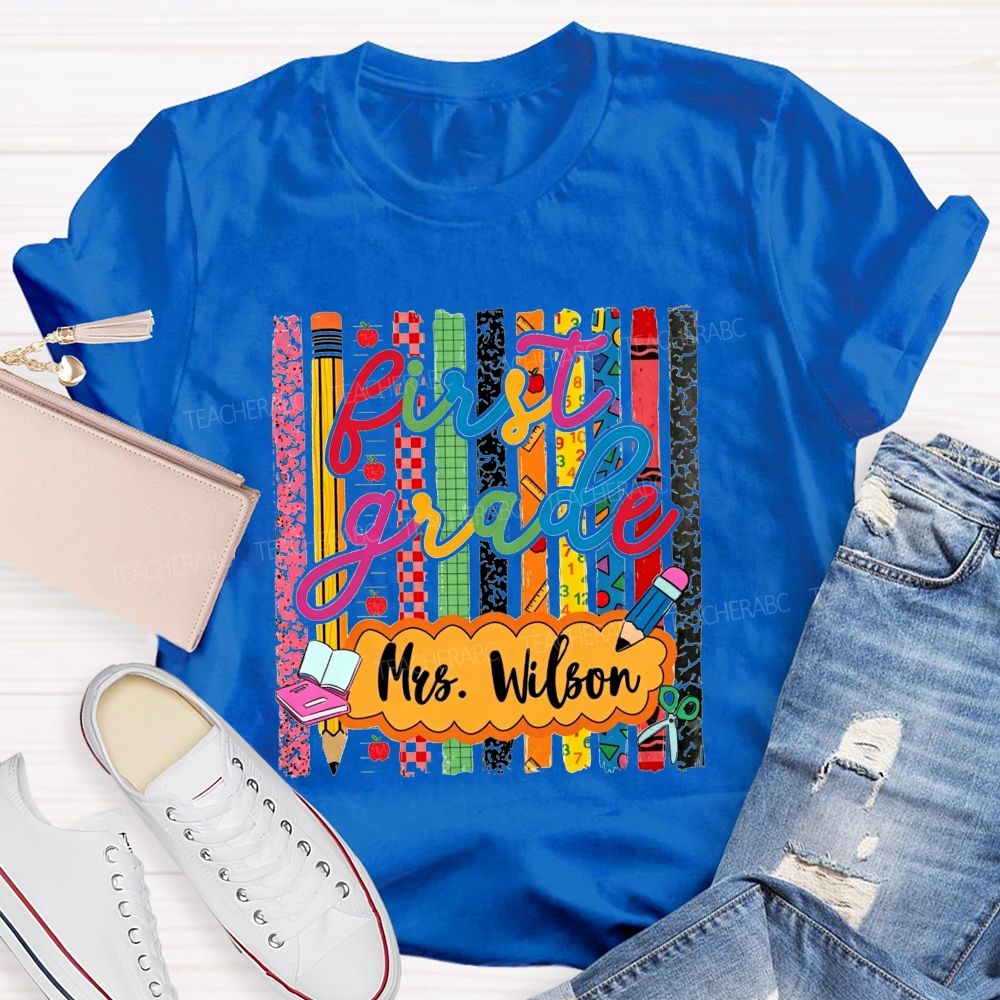 Personalized Name And Grade Proud First Grade Crew T-shirt