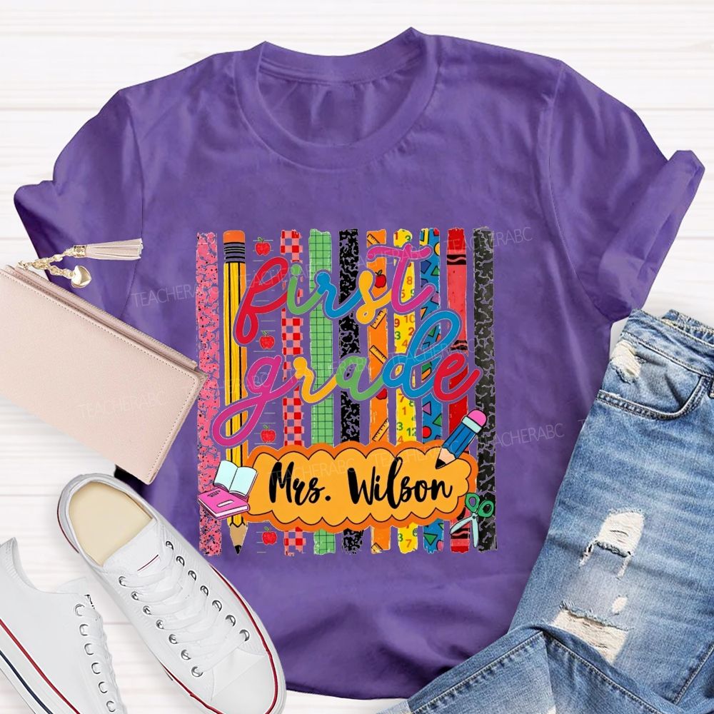 Personalized Name And Grade Proud First Grade Crew T-shirt