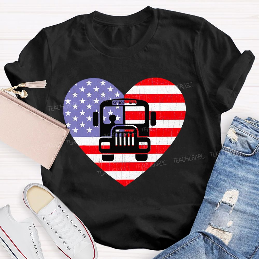 School Bus Flag Graphic  Teacher T-shirt