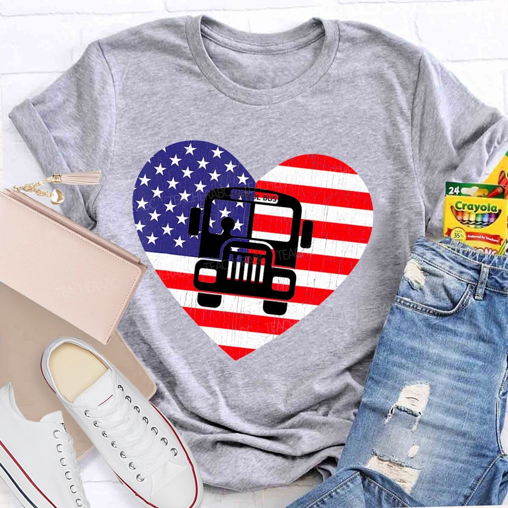 School Bus Flag Graphic  Teacher T-shirt