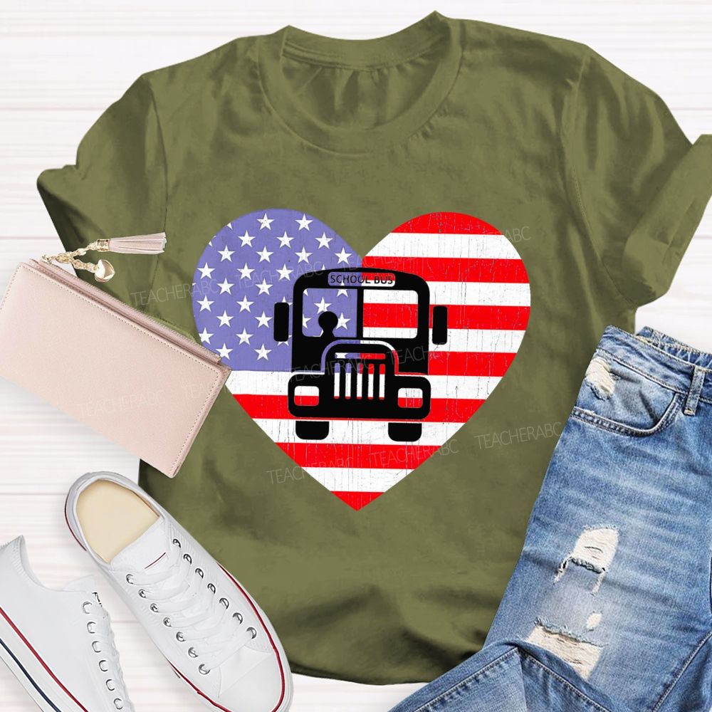 School Bus Flag Graphic  Teacher T-shirt