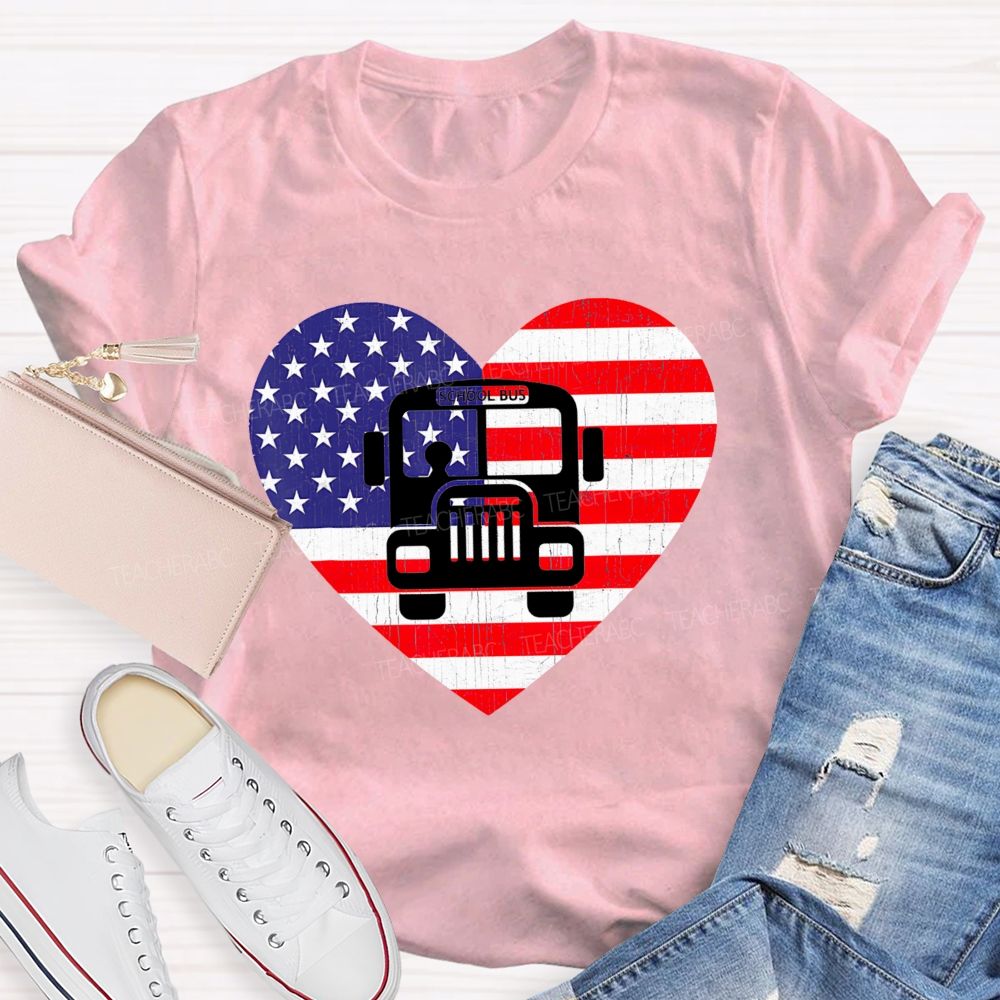 School Bus Flag Graphic  Teacher T-shirt