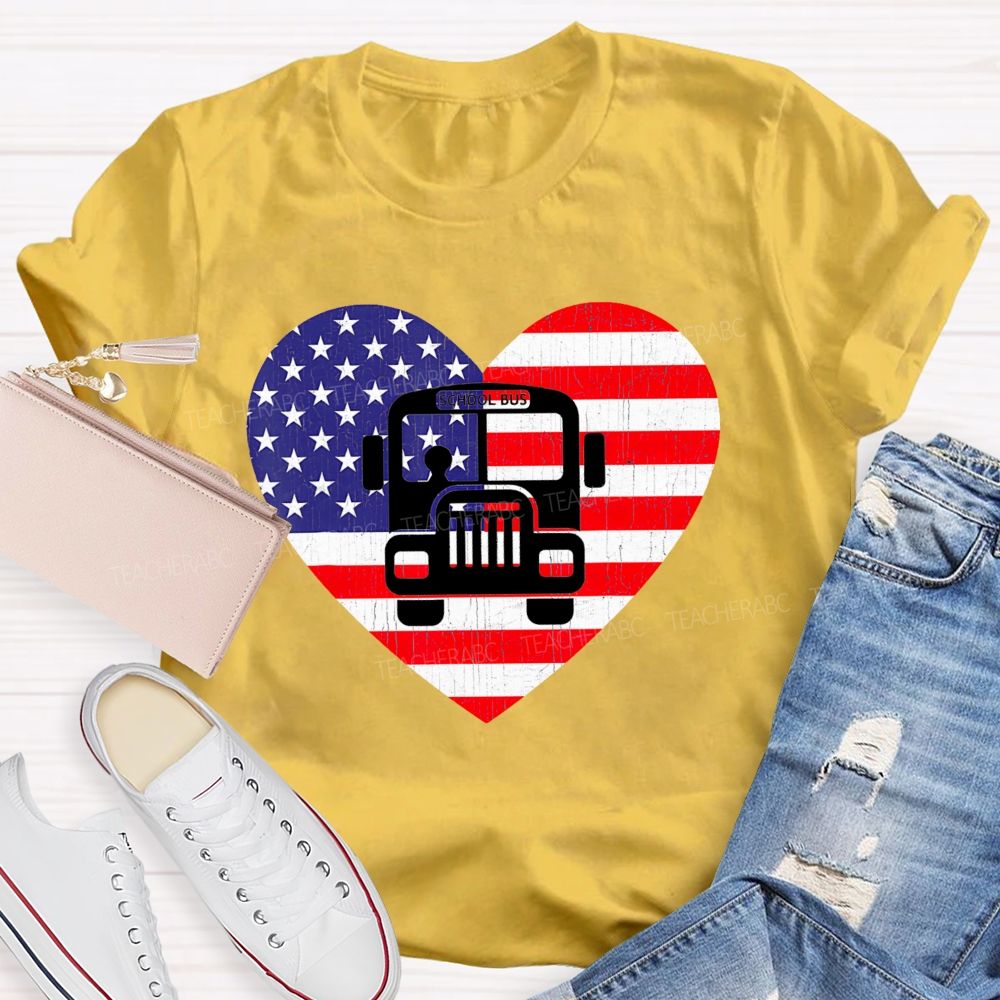 School Bus Flag Graphic  Teacher T-shirt