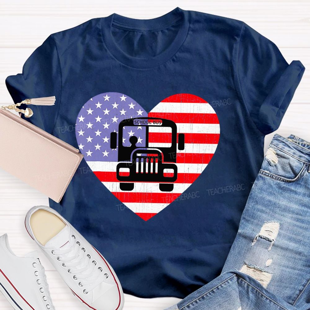 School Bus Flag Graphic  Teacher T-shirt