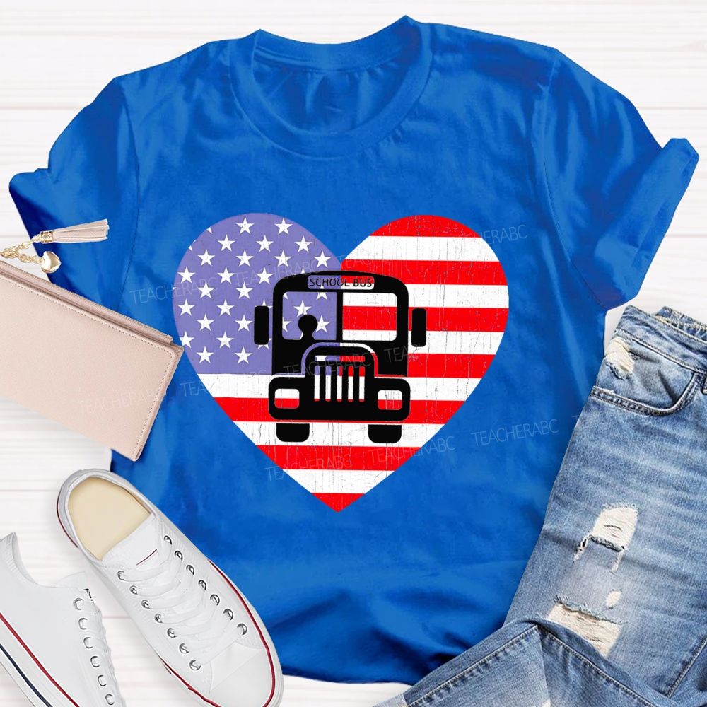 School Bus Flag Graphic  Teacher T-shirt