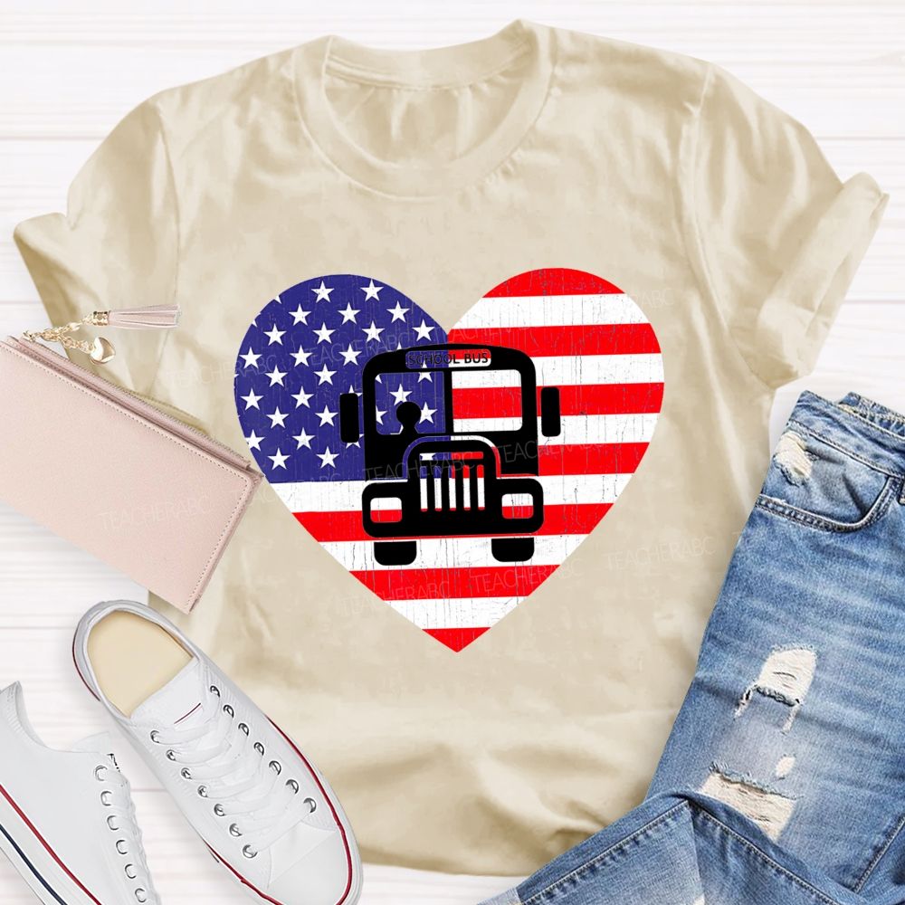 School Bus Flag Graphic  Teacher T-shirt