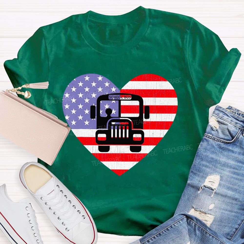 School Bus Flag Graphic  Teacher T-shirt