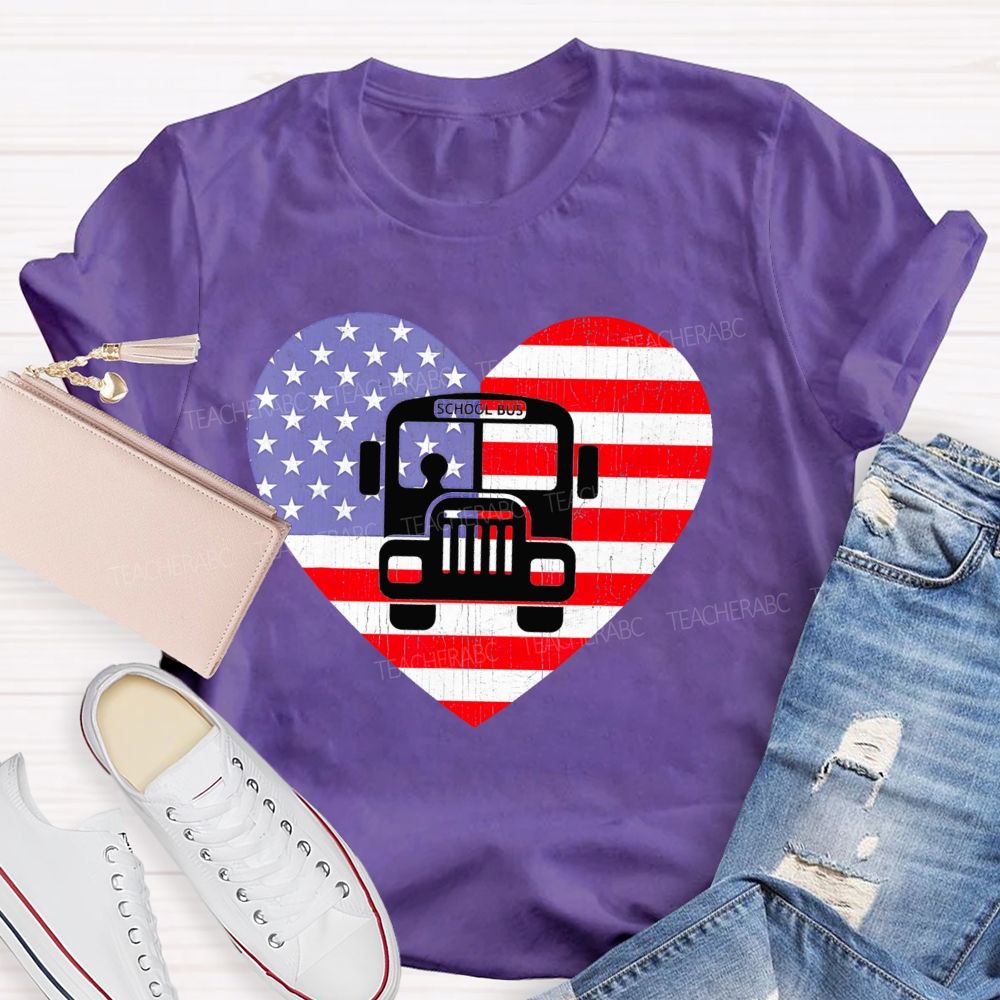 School Bus Flag Graphic  Teacher T-shirt