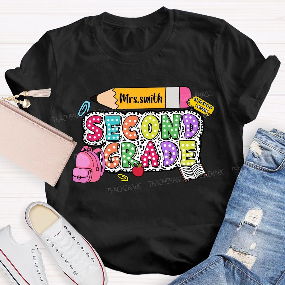 Personalized Grade And Name Polka-Dot Typography Design Teacher T-Shirt