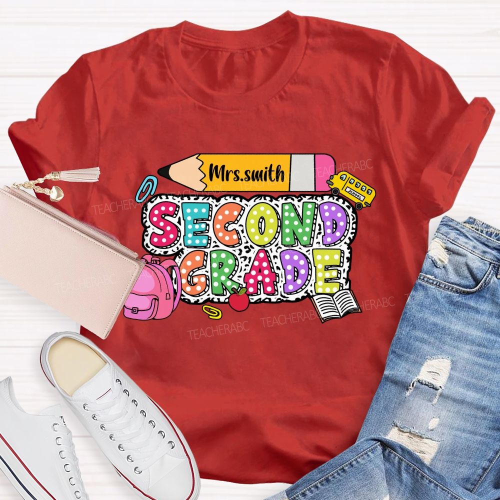 Personalized Grade And Name Polka-Dot Typography Design Teacher T-Shirt