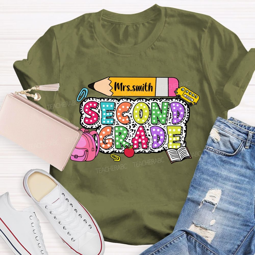 Personalized Grade And Name Polka-Dot Typography Design Teacher T-Shirt