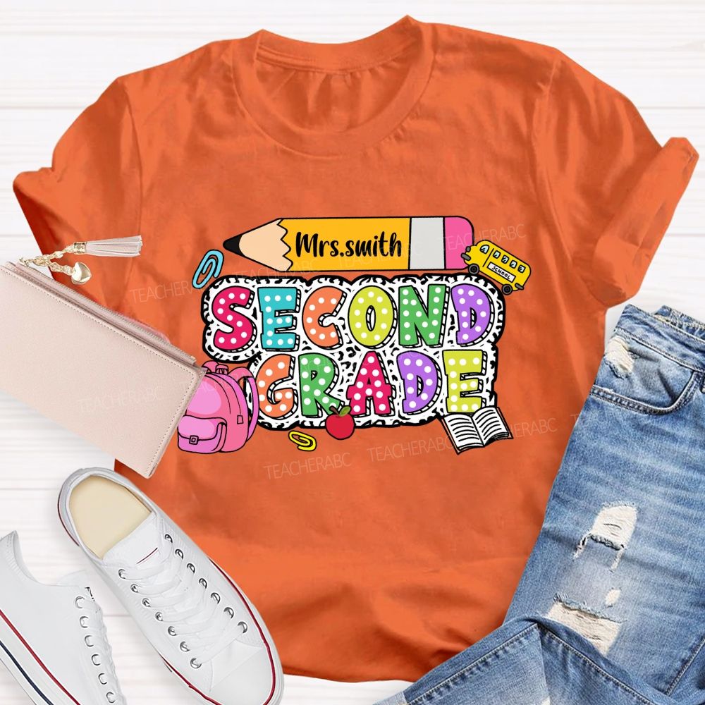 Personalized Grade And Name Polka-Dot Typography Design Teacher T-Shirt