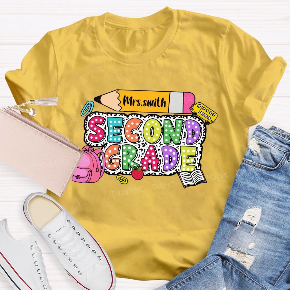Personalized Grade And Name Polka-Dot Typography Design Teacher T-Shirt