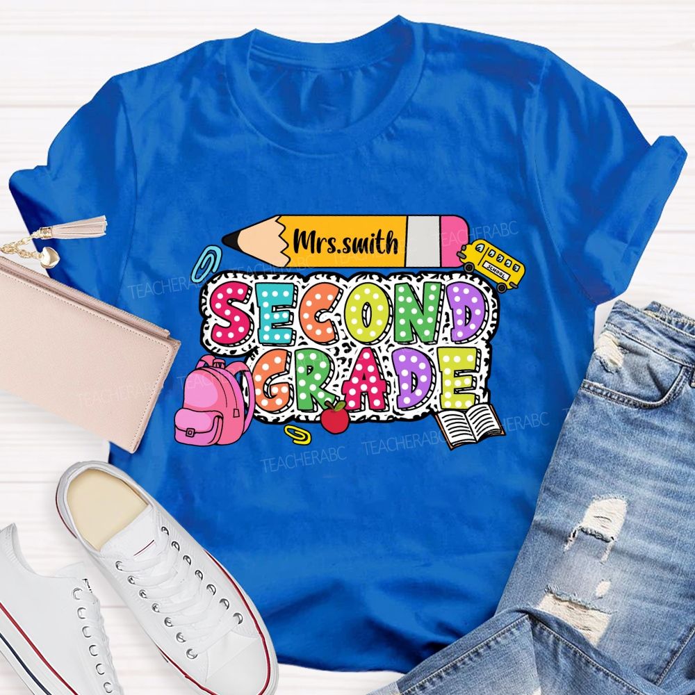 Personalized Grade And Name Polka-Dot Typography Design Teacher T-Shirt