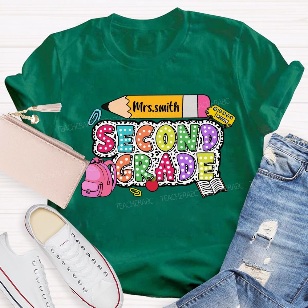 Personalized Grade And Name Polka-Dot Typography Design Teacher T-Shirt