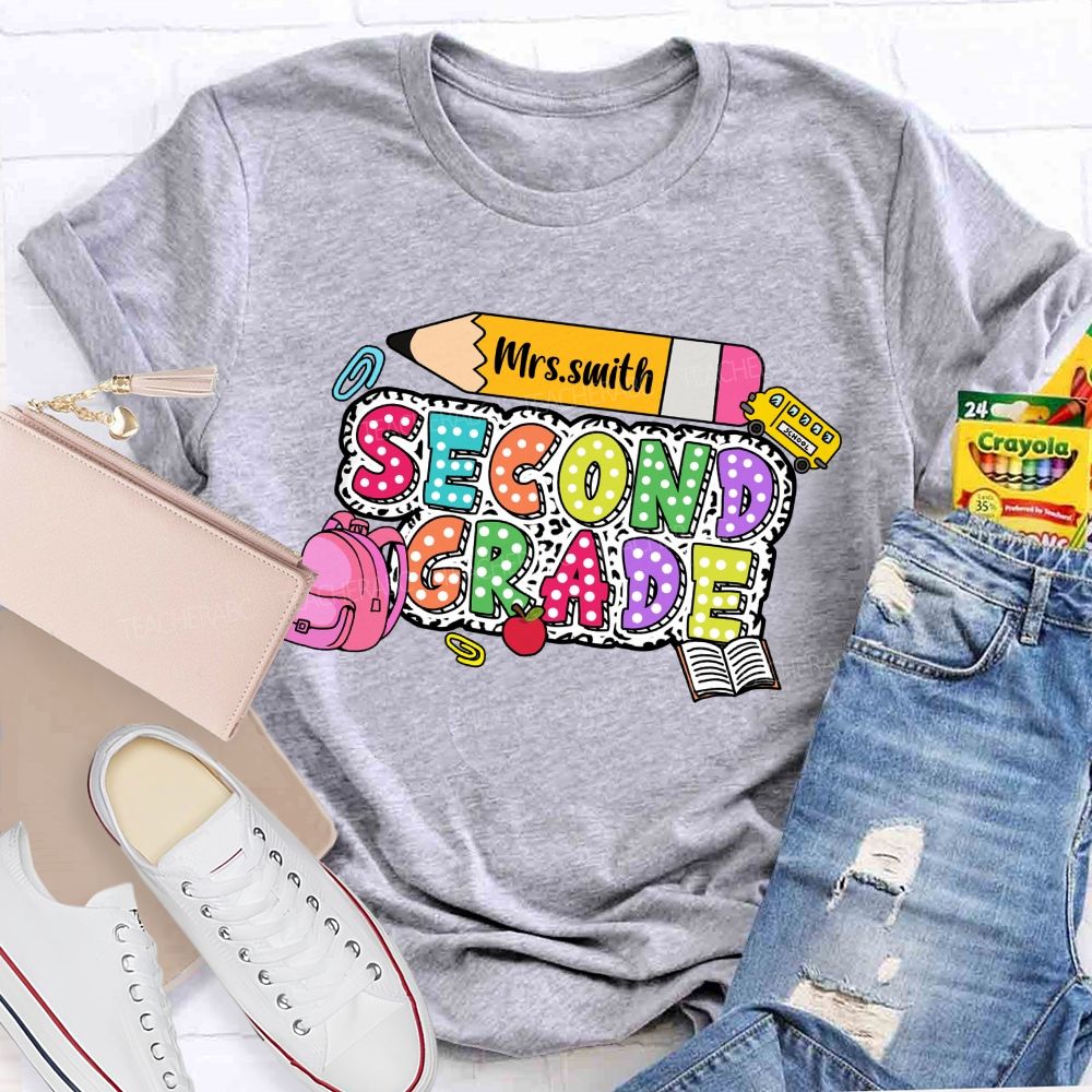 Personalized Grade And Name Polka-Dot Typography Design Teacher T-Shirt