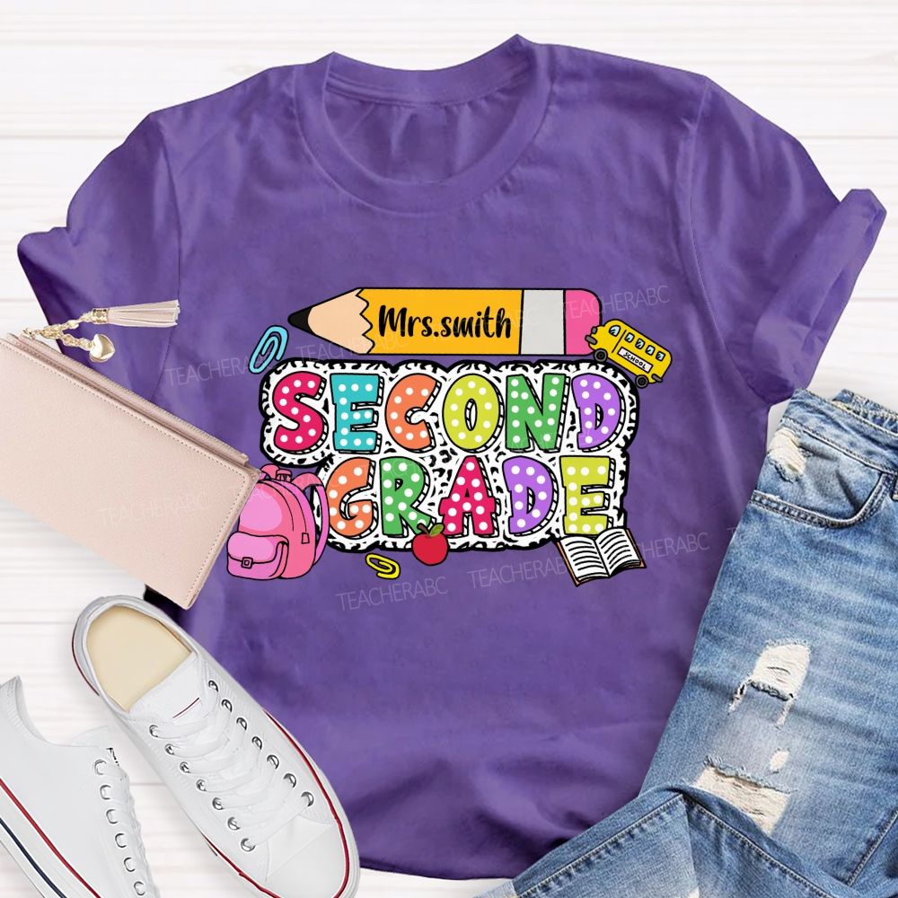 Personalized Grade And Name Polka-Dot Typography Design Teacher T-Shirt