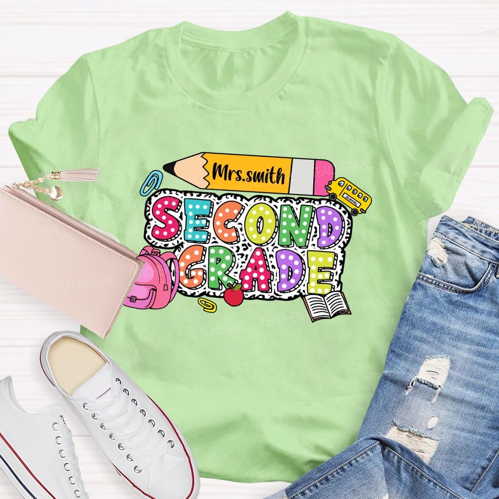 Personalized Grade And Name Polka-Dot Typography Design Teacher T-Shirt