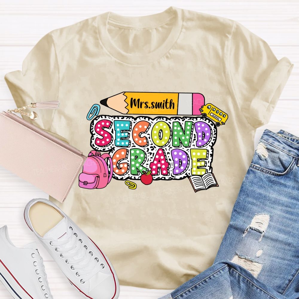 Personalized Grade And Name Polka-Dot Typography Design Teacher T-Shirt