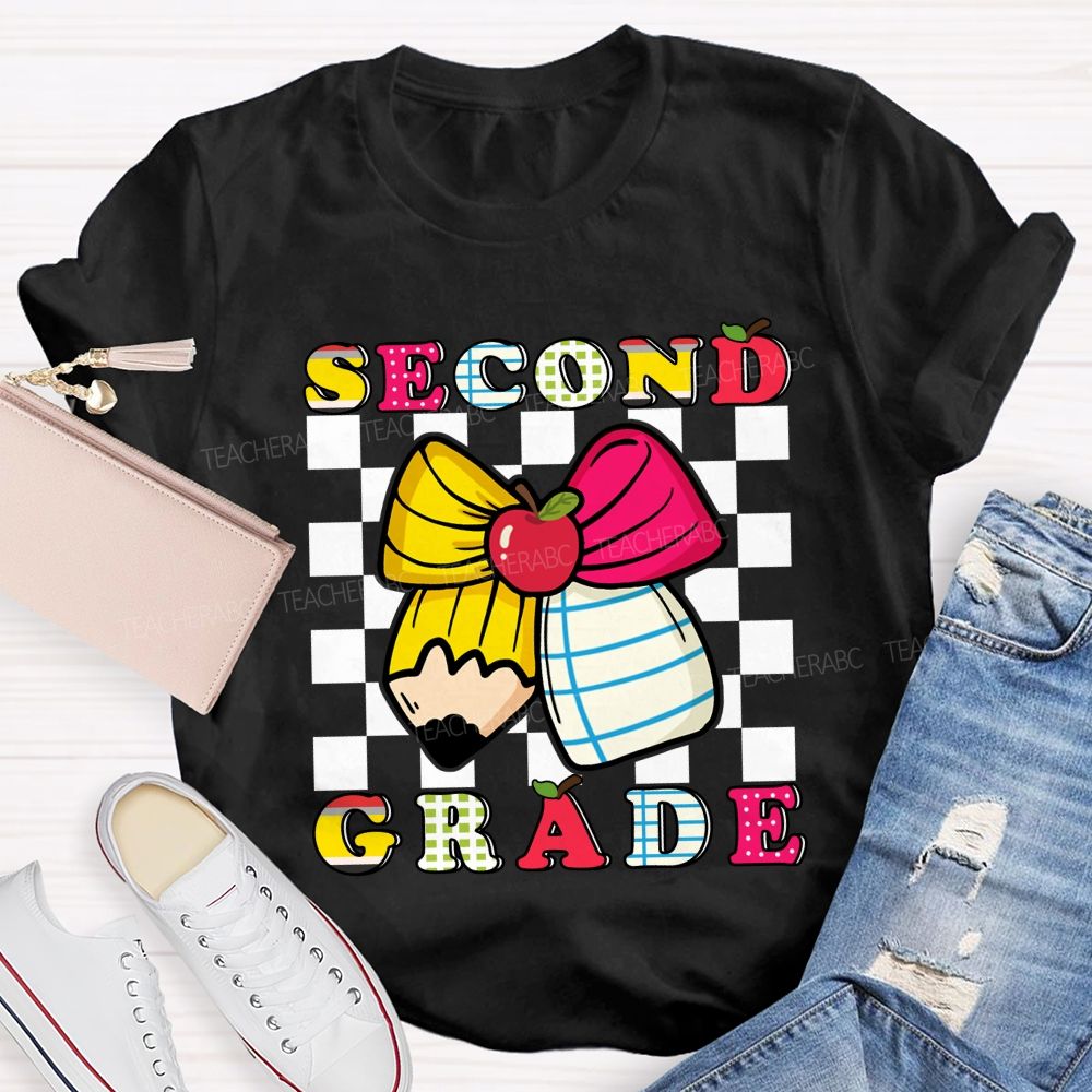 Personalized Grade Bow And Pencil Square Print Teacher T-shirt