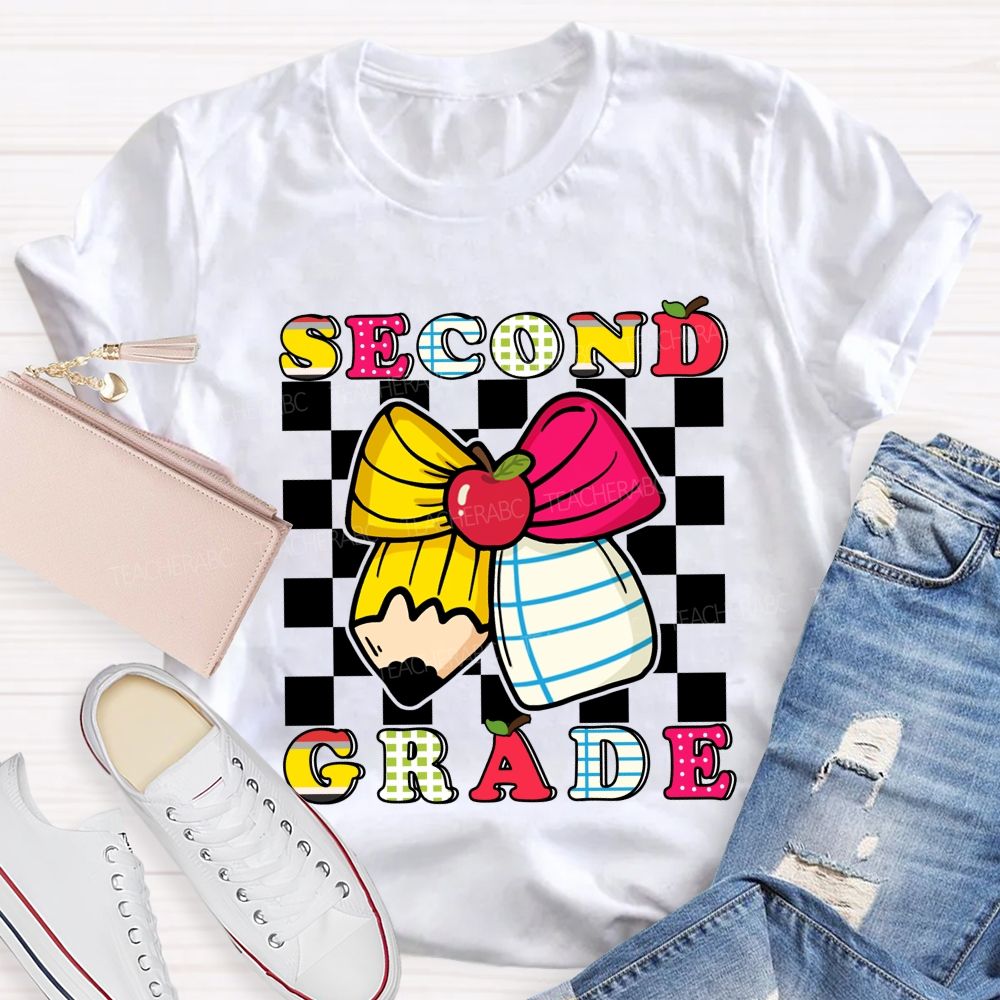 Personalized Grade Bow And Pencil Square Print Teacher T-shirt