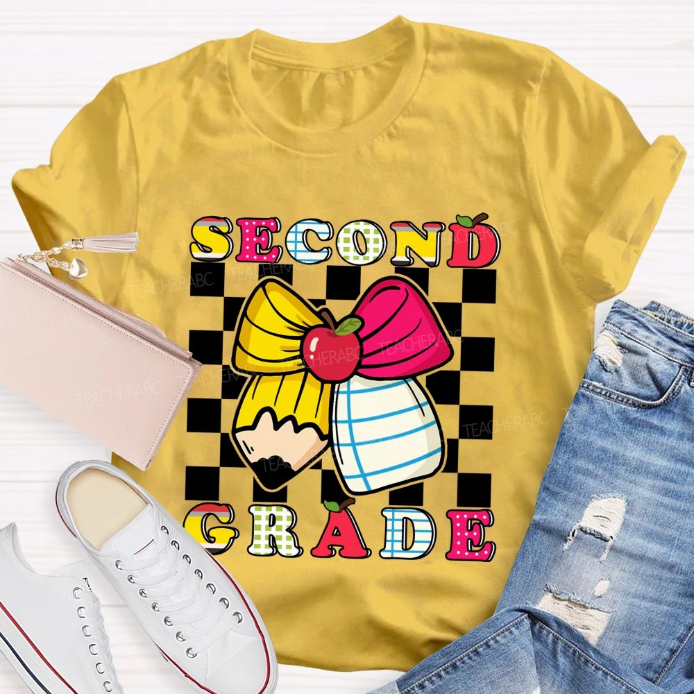 Personalized Grade Bow And Pencil Square Print Teacher T-shirt