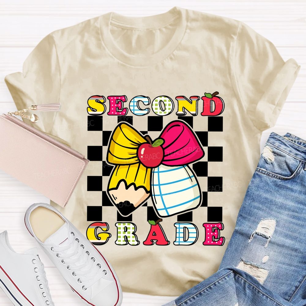 Personalized Grade Bow And Pencil Square Print Teacher T-shirt