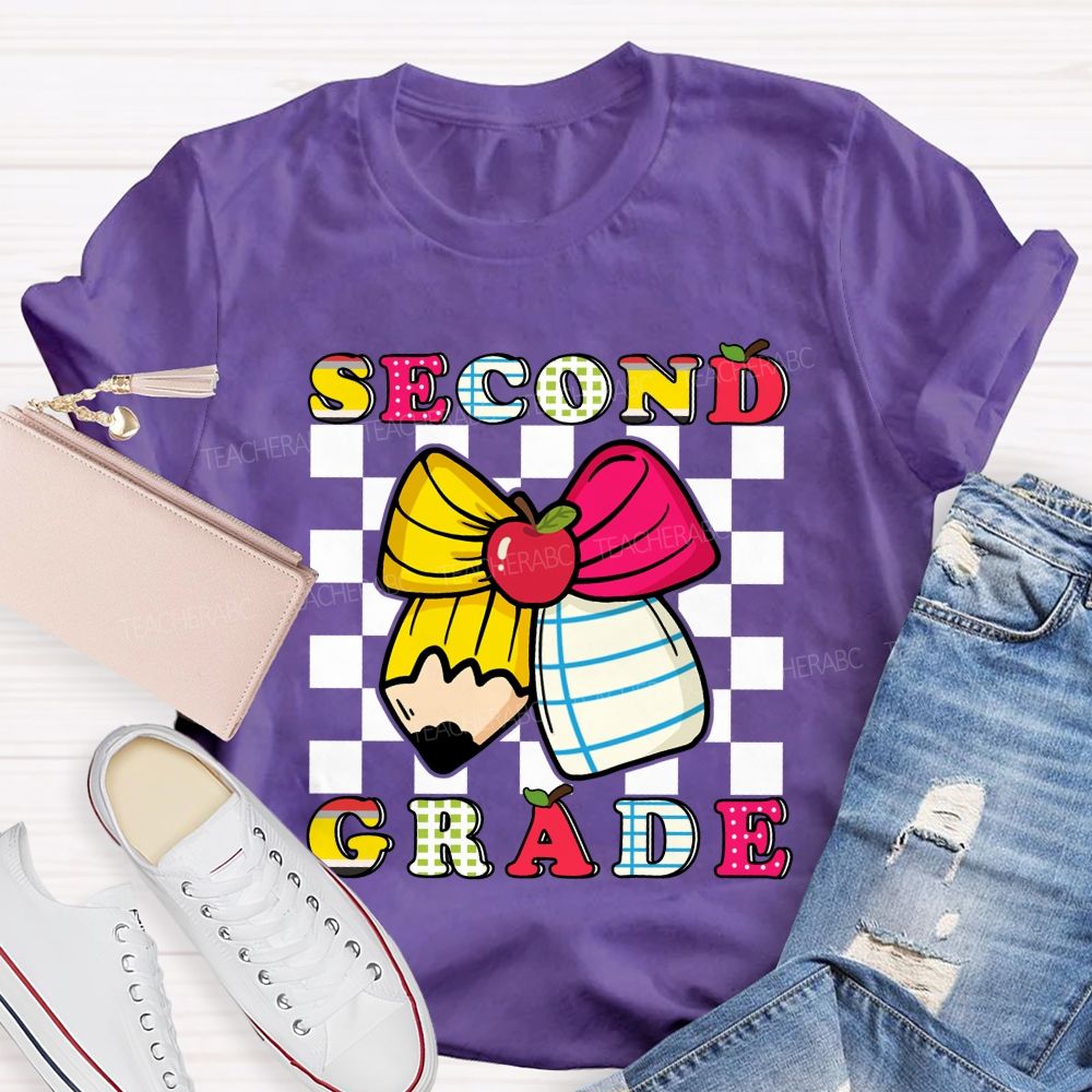 Personalized Grade Bow And Pencil Square Print Teacher T-shirt