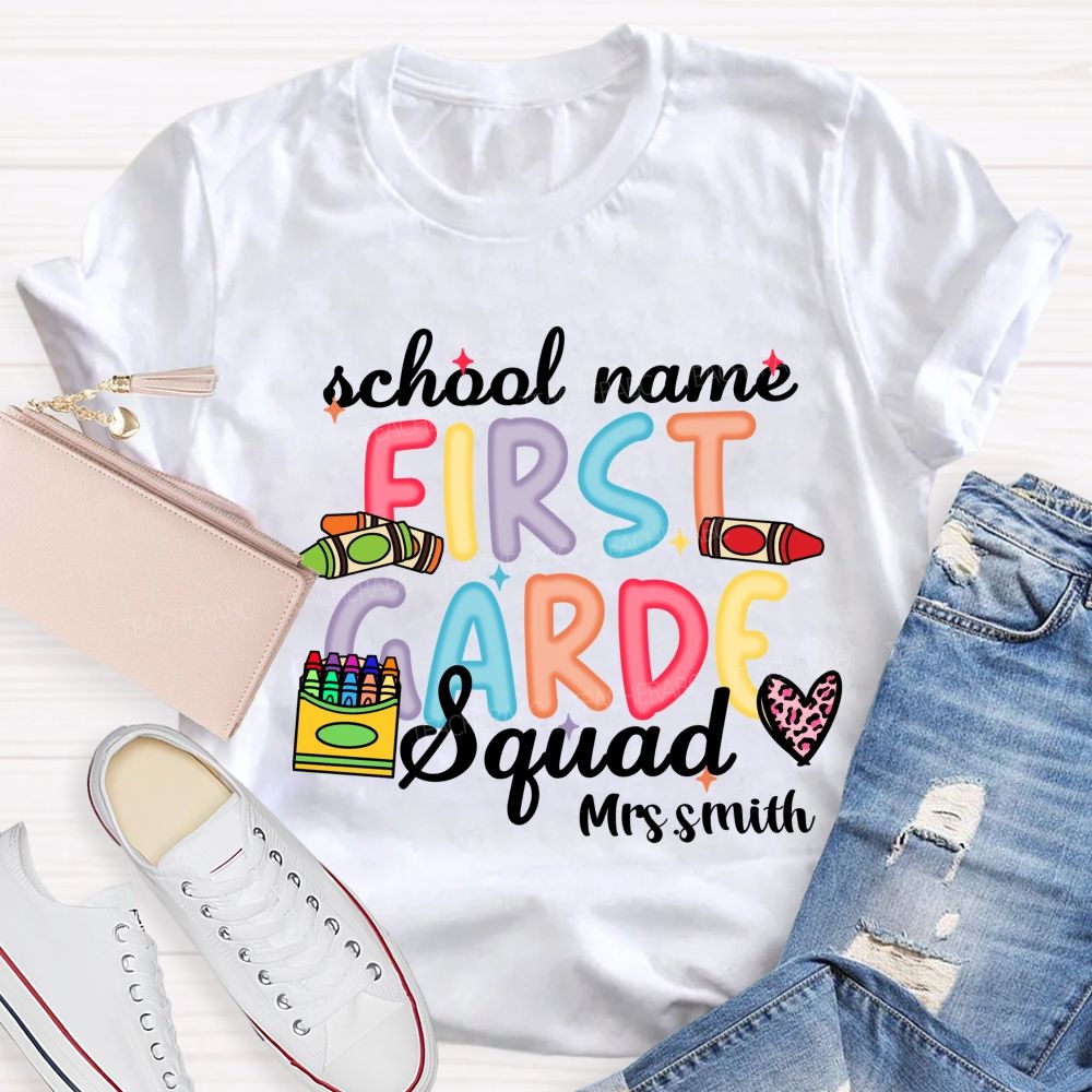 Personalized School Name And Teacher Name Grade Crayon Pink Leopard Teacher T-Shirt