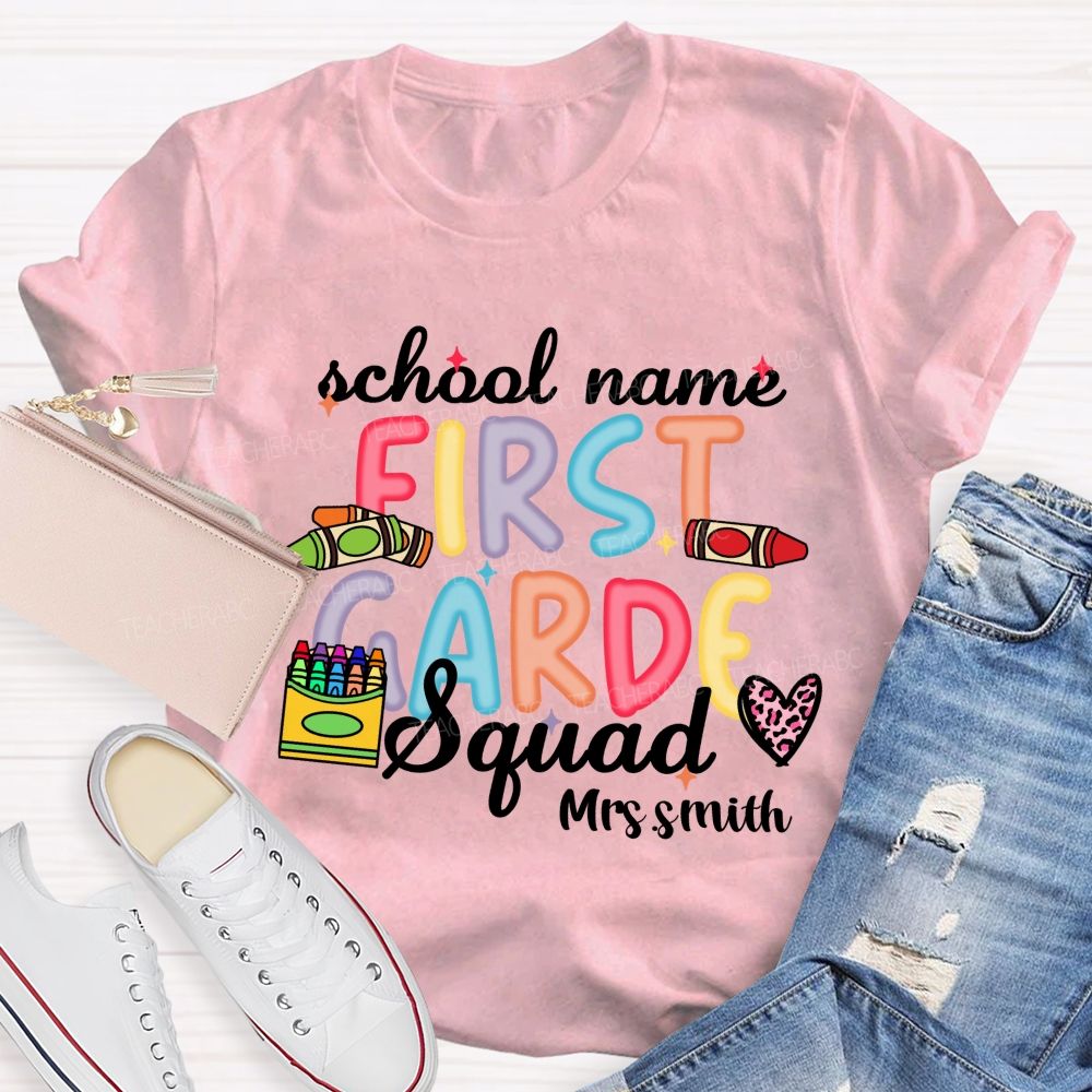 Personalized School Name And Teacher Name Grade Crayon Pink Leopard Teacher T-Shirt