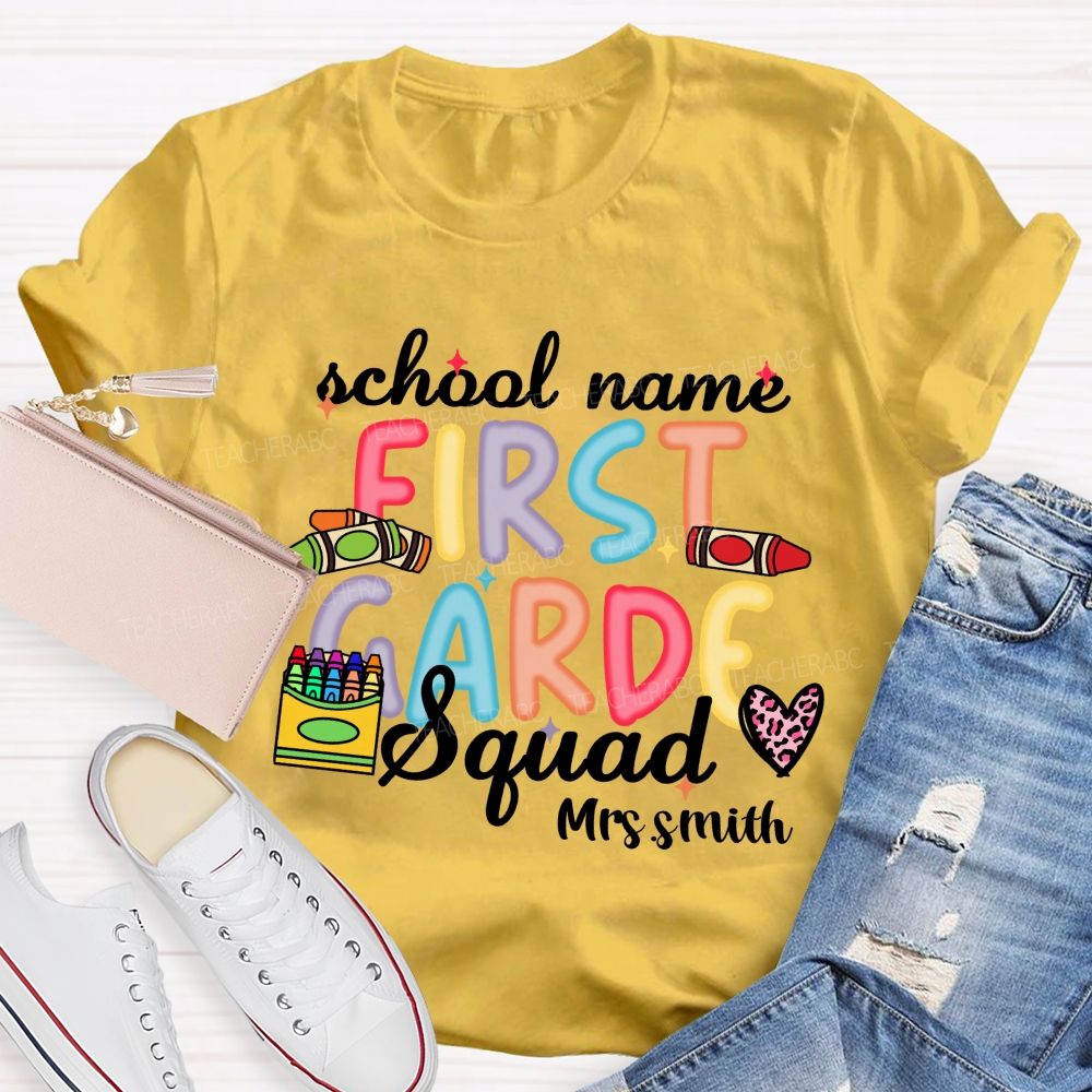 Personalized School Name And Teacher Name Grade Crayon Pink Leopard Teacher T-Shirt