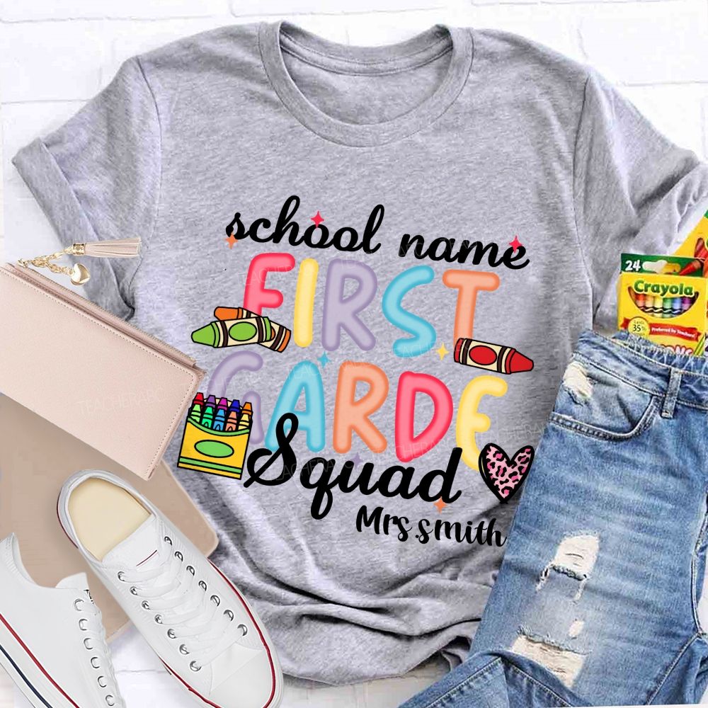 Personalized School Name And Teacher Name Grade Crayon Pink Leopard Teacher T-Shirt