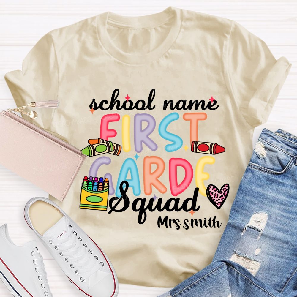 Personalized School Name And Teacher Name Grade Crayon Pink Leopard Teacher T-Shirt