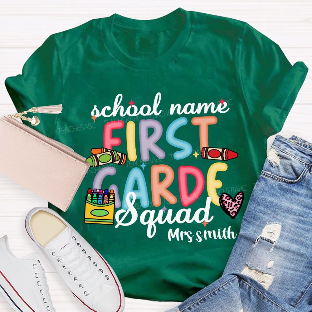 Personalized School Name And Teacher Name Grade Crayon Pink Leopard Teacher T-Shirt