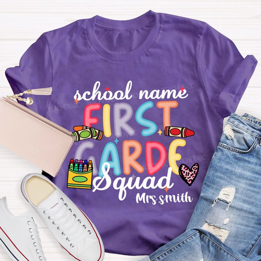 Personalized School Name And Teacher Name Grade Crayon Pink Leopard Teacher T-Shirt