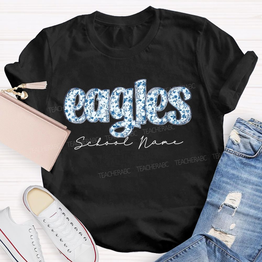 Personalized Mascot And School Name Blue Floral Teacher T-Shirt